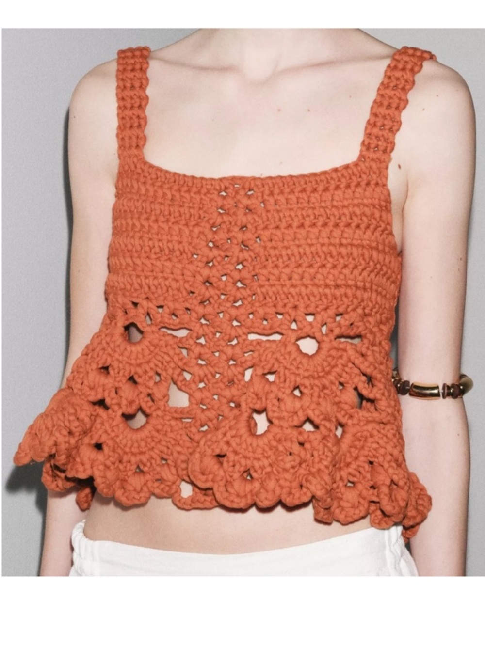 NWT Zara Chunky Crochet Knit Viral Terracotta Orange Boho Peplum Crop Cami XS/S
